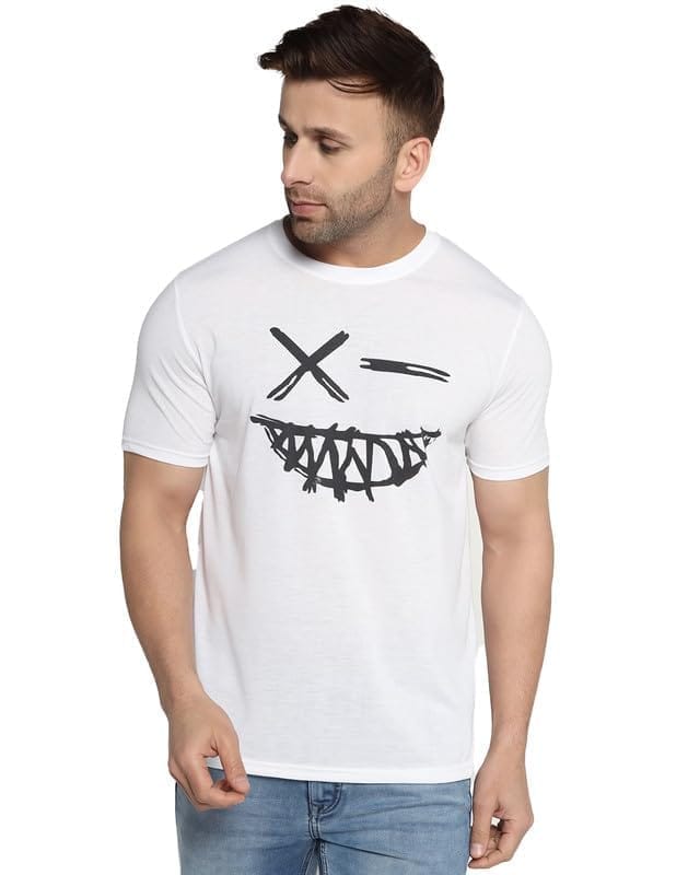 Men's Casual Half Sleeve Printed Cotton Blended Round Neck T-Shirt (White, M)-PID47143