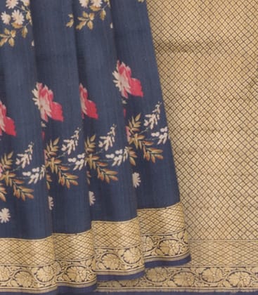 Dark Blue Handwoven Tussar Printed Silk Saree With Vine Motifs in Zari Border & Pallu-Dark Blue
