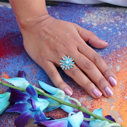 Blooming Blue Flower Ring-Turquoise-Size 6-6