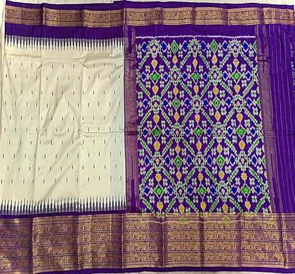 Pochampally Ikat Silk Cream Body Small Buti With Border And Pallu Purple Sari