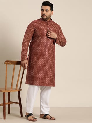 Men's Cotton Linen Maroon Foil printed Kurta and White Pyjama-46