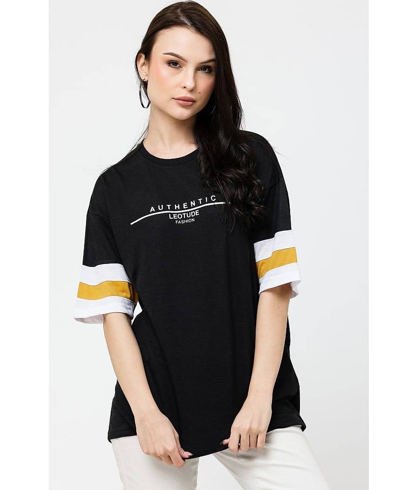 Leotude Women Cotton Blend Printed Oversized Fit Round Neck T-Shirt ( Black )