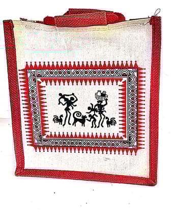 "Handmade Jute Lunch Bag with Warli Painting"