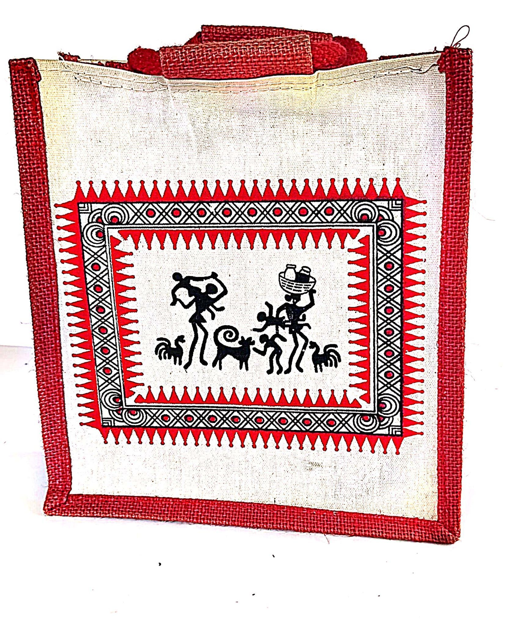 "Handmade Jute Lunch Bag with Warli Painting"