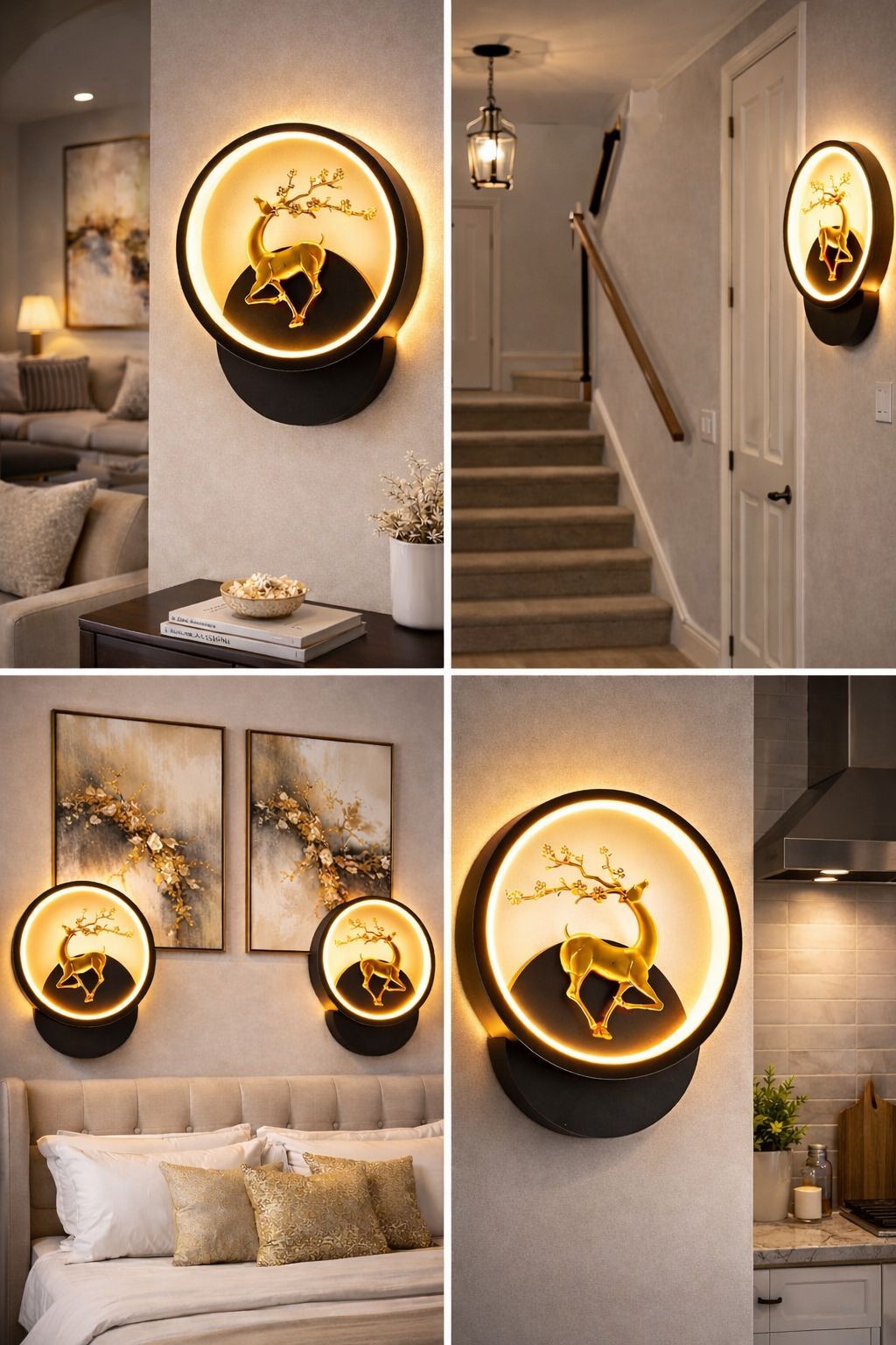 SPARKWORLD Golden Deer Designer LED Wall Light Decorative Circle Wall Lamp for Living Room, Hall, Bedroom & Entrance | Colour: Circle Reindeer (Black)