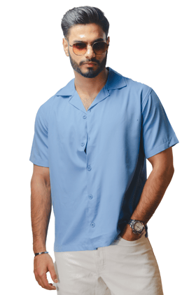 Cuban Collar Light Blue Shirt-L
