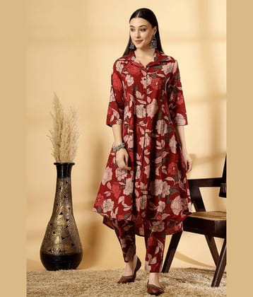 Pistaa Women Cotton Printed A-line Kurti With Pants ( Maroon )