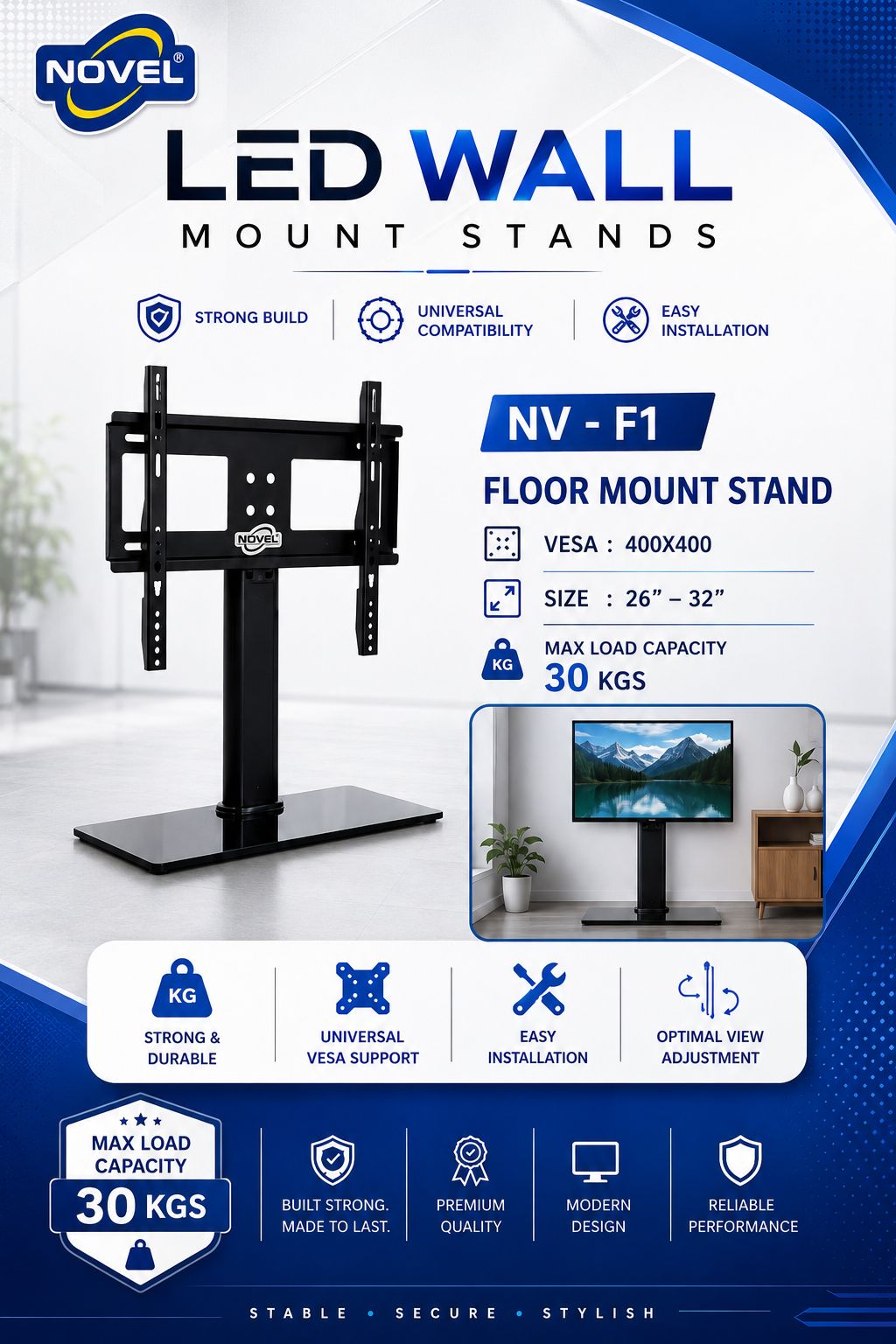 NOVEL NV-F1 Floor Mount Stand for 26–32 Inch LED TV & Monitor | 30 kg Load Capacity