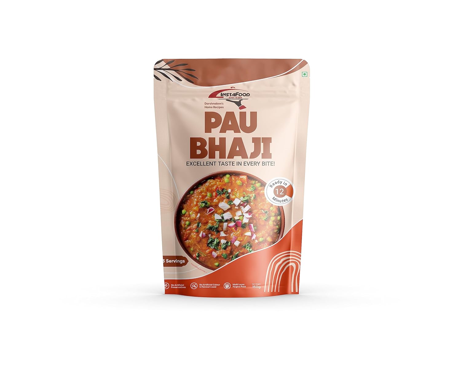 INSTAFOOD Pav Bhaji | Ready to Eat & Cook Meal | 3-4 Servings | After Cooking Gets 900 gm to Serve | Zip Lock Packaging | Vegetarian Meal | Just Add Water And Cook, 150 gm