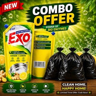 (Combo of 2) Disposable Garbage Bags 19x21 Pack of 3 (3x30pcs) With Exo Dishwash Liquid Refill (Pack of 1, 115ml)