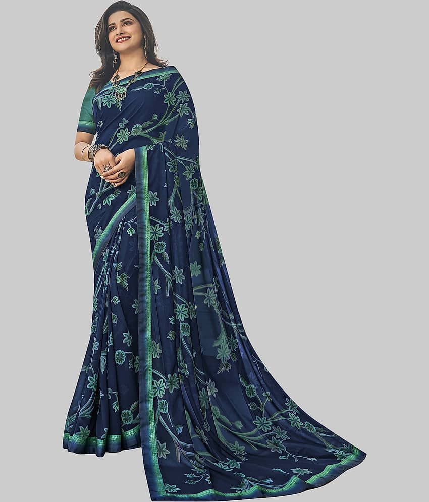 Gazal Fashions Chiffon Printed Saree With Unstitched Blouse Piece ( Blue )