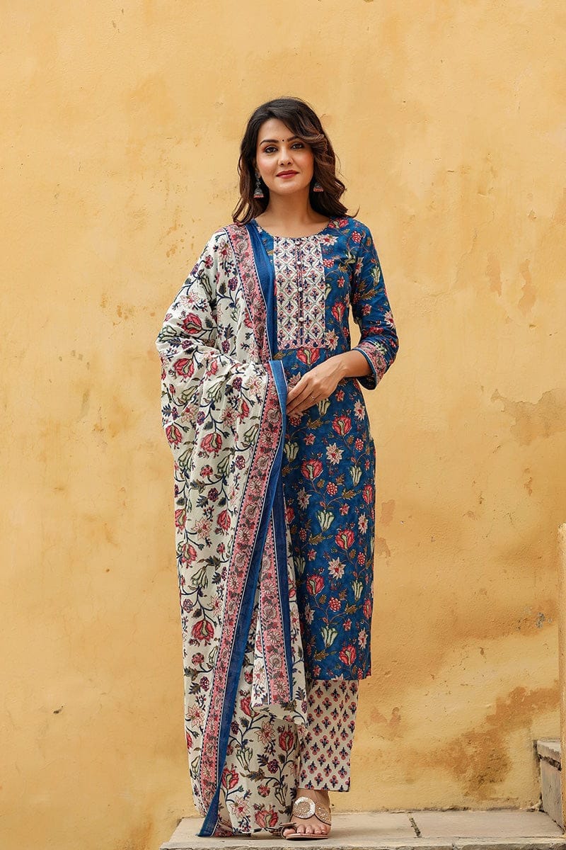 Blue Cotton Blend Floral Printed Straight Suit Set VKSKD1238