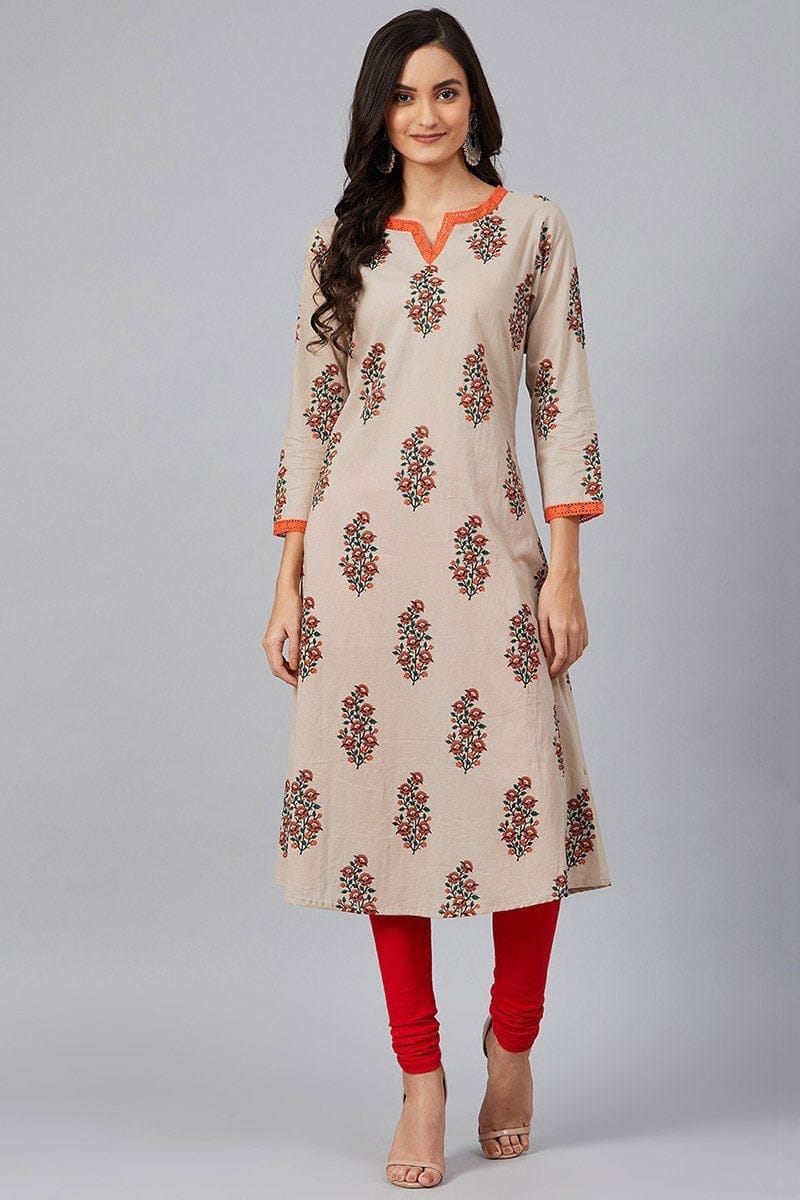 Beige Cotton A-Line Kurta VCK1627