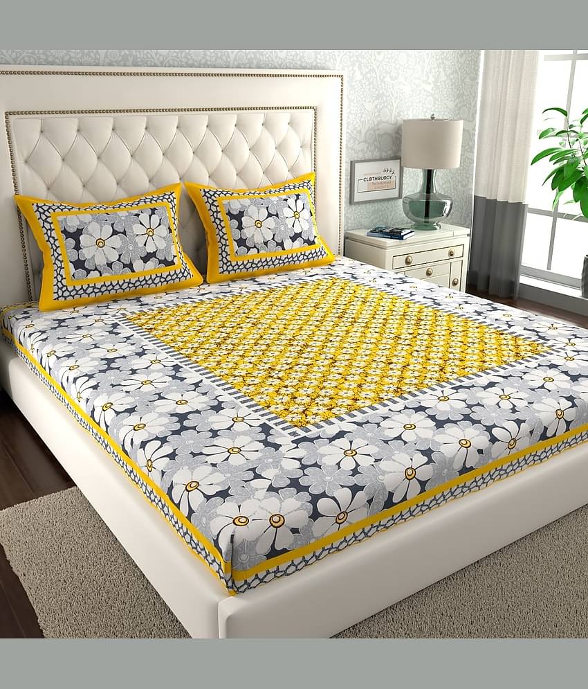 ABHACLOTHO Cotton 1 Double Bedsheet with 2 Pillow Covers ( Yellow )