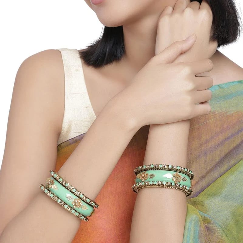 Gold-Plated Green Enamel and Kundan Juda Bangles Set of 6
