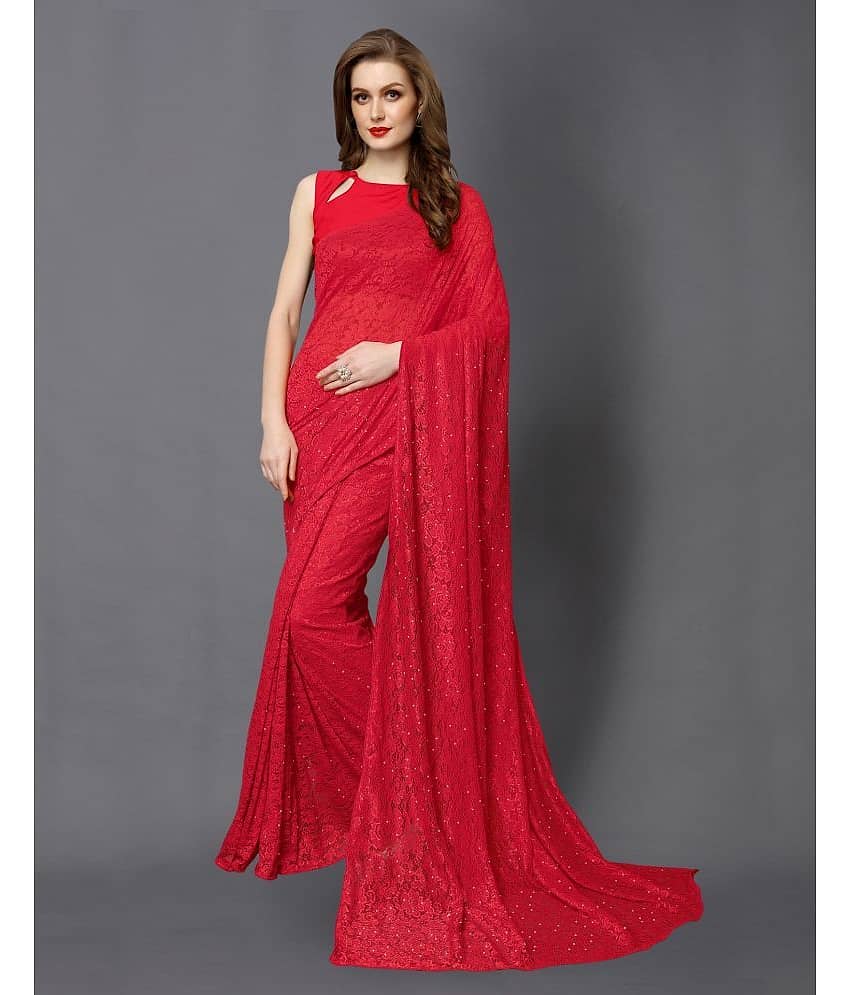 Samah Net Embellished Saree With Unstitched Blouse Piece ( Red )