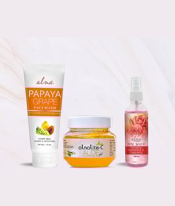 Alna Papaya Grape Face Wash 75ml with Alnalite-C Aloe Gel 100gm & Rose Water 100ml , Pack of 3