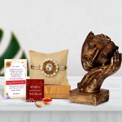 Designer Handcrafted Stone Pearl Rakhi with Handcrafted Polyresin Face Showpiece and Roli Chawal Pack, Best Wishes Greeting Card