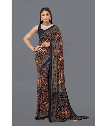 LEELAVATI Georgette Printed Saree With Unstitched Blouse Piece ( Navy Blue )