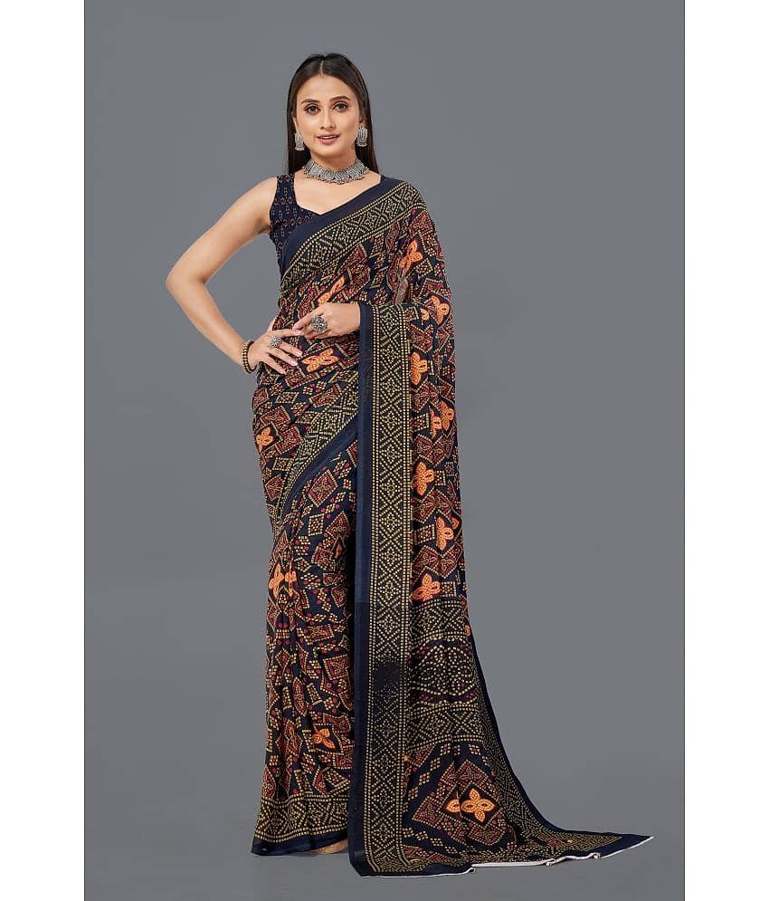 LEELAVATI Georgette Printed Saree With Unstitched Blouse Piece ( Navy Blue )