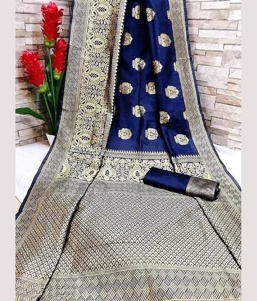 Gazal Fashions Banarasi Silk Embellished Saree With Unstitched Blouse Piece ( Navy Blue )