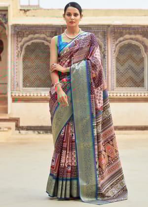 Maroon And Blue Woven Banarasi Printed Soft Silk Saree