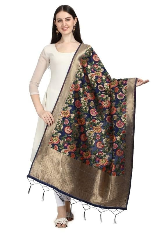 Women's Silk Pure Zari weaving Duppatta (Navy Blue, Leangth: 2-2.3 Mtrs)-PID44939