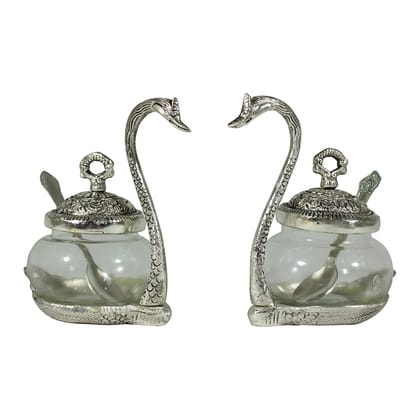 Dreamkraft White Metal Swan (Duck) Glass Bowl with Spoon Dry Traditional Serving Bowl Set (Silver - 12 x 9 x 15 cm)