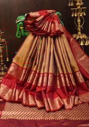 Exquisite Honey Color Zari Checks Kanjivaram Pure Silk saree with 12" Wide 2 side Rettaipet Borders SILK MARK CERTIFIED