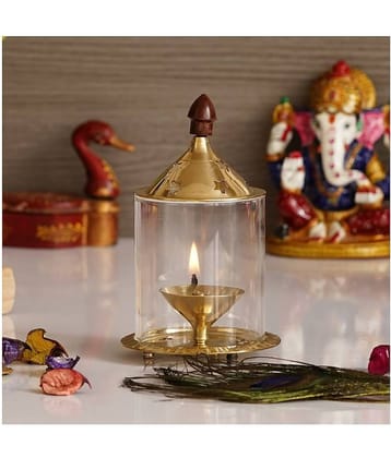 eCraftIndia Gold-Toned Brass Akhand Diya with Glass