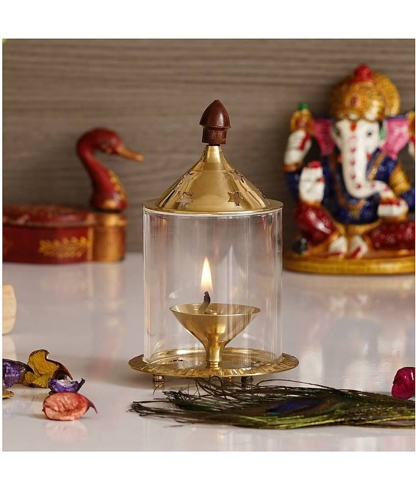 eCraftIndia Gold-Toned Brass Akhand Diya with Glass