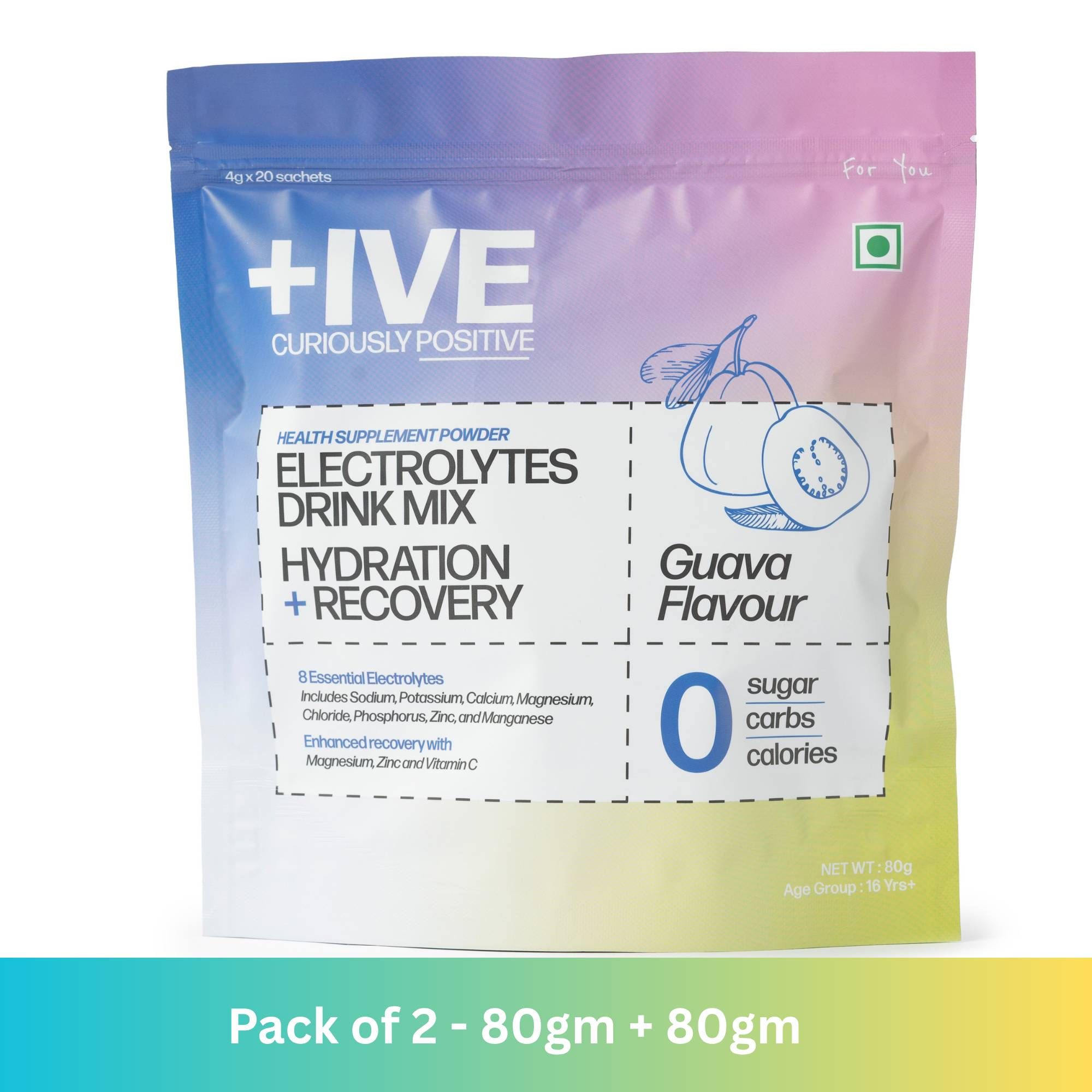 Curiously  +IVE Electrolytes Drink Mix - Guava Flavour - Pack of 2 - 80gm + 80gm (4g x 40 Sachet)| Zero Sugar, Zero Carbs, Zero Calories, Hydration + Recovery Supplement