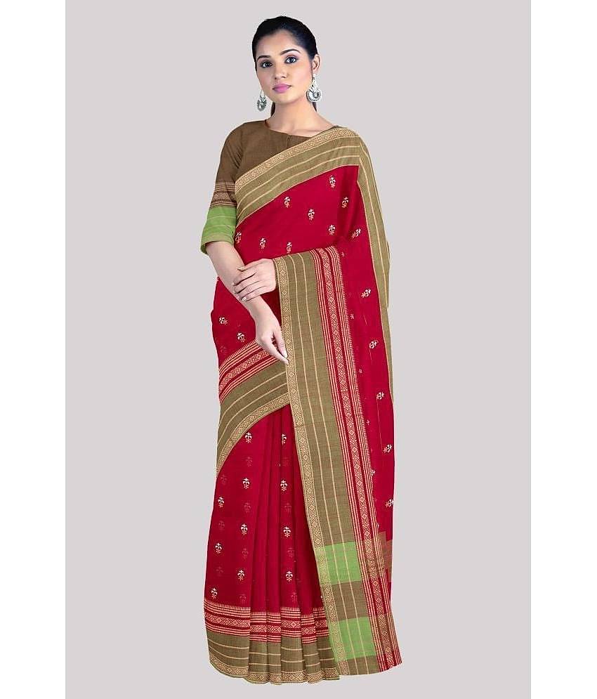 KSR HANDLOOM PVT LTD Cotton Printed Saree With Unstitched Blouse Piece ( Red )