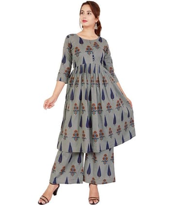 EXPORTHOUSE - Grey Melange Anarkali Cotton Women's Stitched Salwar Suit ( Pack of 1 )
