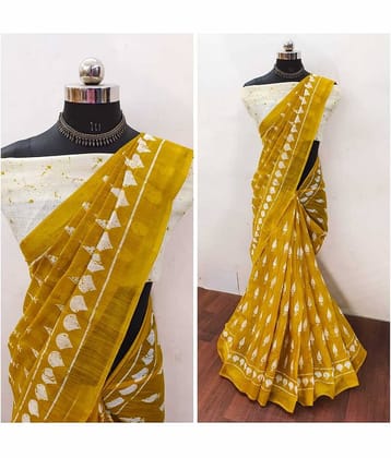JIHANA FAB Chiffon Printed Saree With Unstitched Blouse Piece ( Yellow )