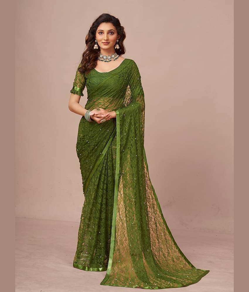 VANRAJ CREATION Net Self Design Saree With Unstitched Blouse Piece ( Green )