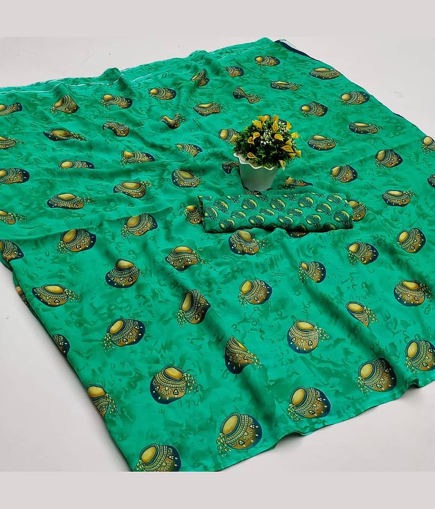 Kanooda Prints Georgette Printed Saree With Unstitched Blouse Piece ( Orange )