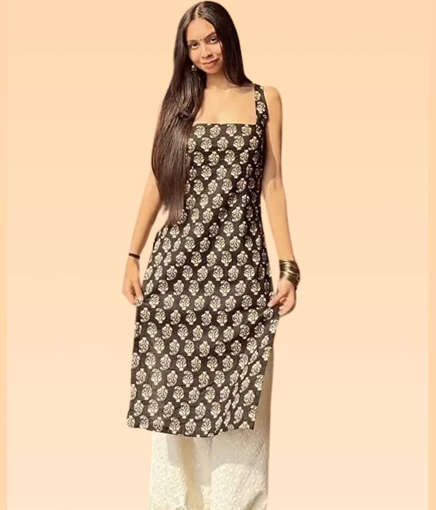 Silksutra Women Rayon Printed A-line Kurti ( Black )