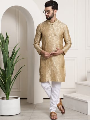Men's Silk Blend Self Design Beige Kurta and Churidar Pyjama Set-36