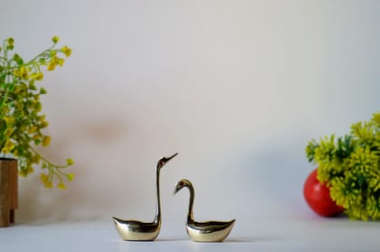 Brass Swan Pair Statue (Color - Golden, Size - 3.5H *2.5L*1B & 2.5H *2.5L*1B) by Snova Enterprises
