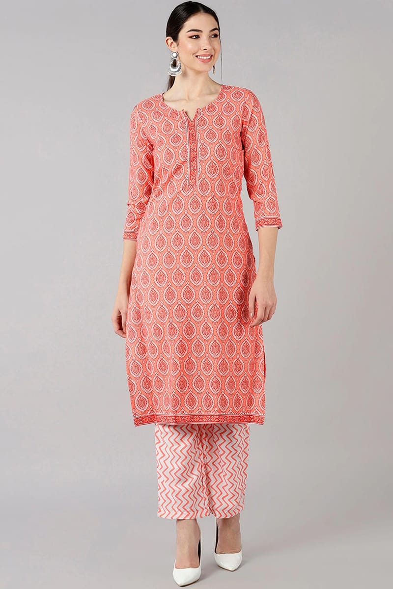 Peach Polyester Ethnic Motifs Straight Kurta Set PKSET1071