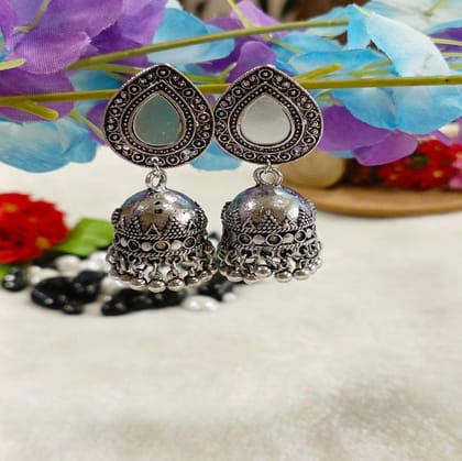 Antique Silver Plated Tear Drop Shaped Mirror Jhumka Earring-AER 4189