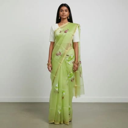 Pista Green Kota Doria Saree with Block Print and Zari Border