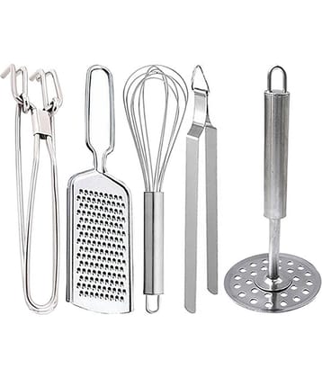JISUN - Silver Stainless Steel Pakkad+Wire Grater+Whisk+Roti Chimta+Masher ( Pack 5 )