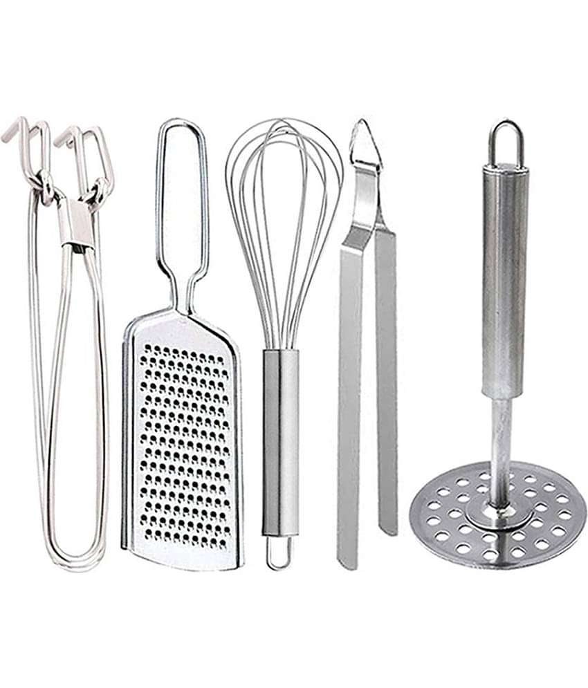 JISUN - Silver Stainless Steel Pakkad+Wire Grater+Whisk+Roti Chimta+Masher ( Pack 5 )