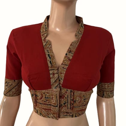 Handloom Flex Cotton V-collar neck Blouse with Kalamkari patches, Red , BH1299-S