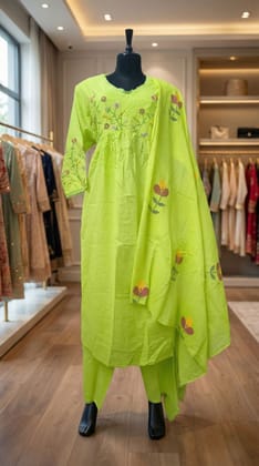 Women's Cotton Embroidered Long Anarkali Kurti with Pant and Dupatta Set Lime Green