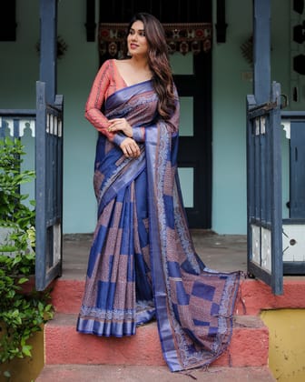 Navy Blue & Red Pure Cotton Linen Saree with Blouse and Tassels on Edges-Regular