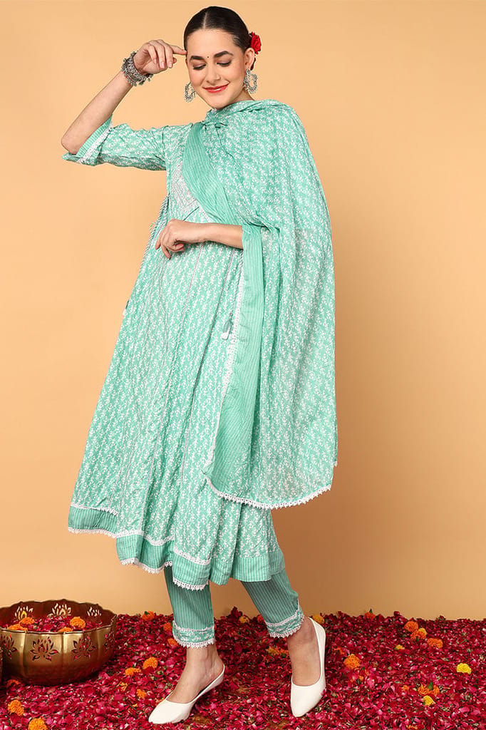Sea Green Viscose Rayon Ethnic Motifs Printed Flared Kurta Trouser With Dupatta VKSKD2140 - Kurtas & Kurta Sets | Buy online on ZillyBuy