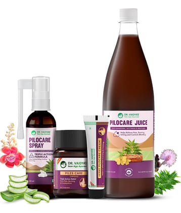 Dr. Vaidya's Piles Relief Combo (50ml Spray + 50g Cream + 950ml Juice + 30 Capsules)